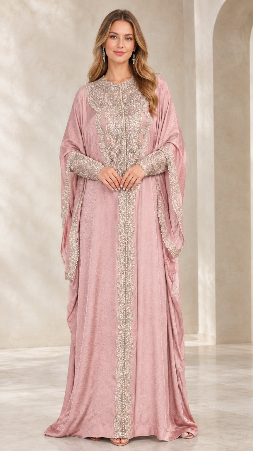Front view of dusty pink embroidered cape sleeve kaftan evening dress
