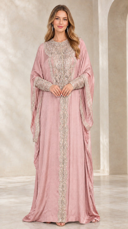Front view of dusty pink embroidered cape sleeve kaftan evening dress