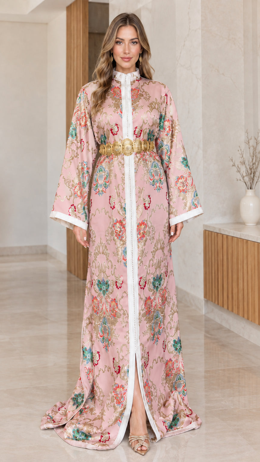 Pink floral brocade kaftan maxi dress with gold belt
