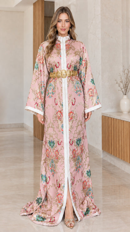 Pink floral brocade kaftan maxi dress with gold belt