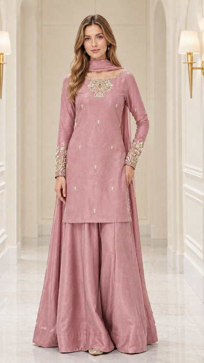 Full front view of dusty pink embroidered kurta sharara set