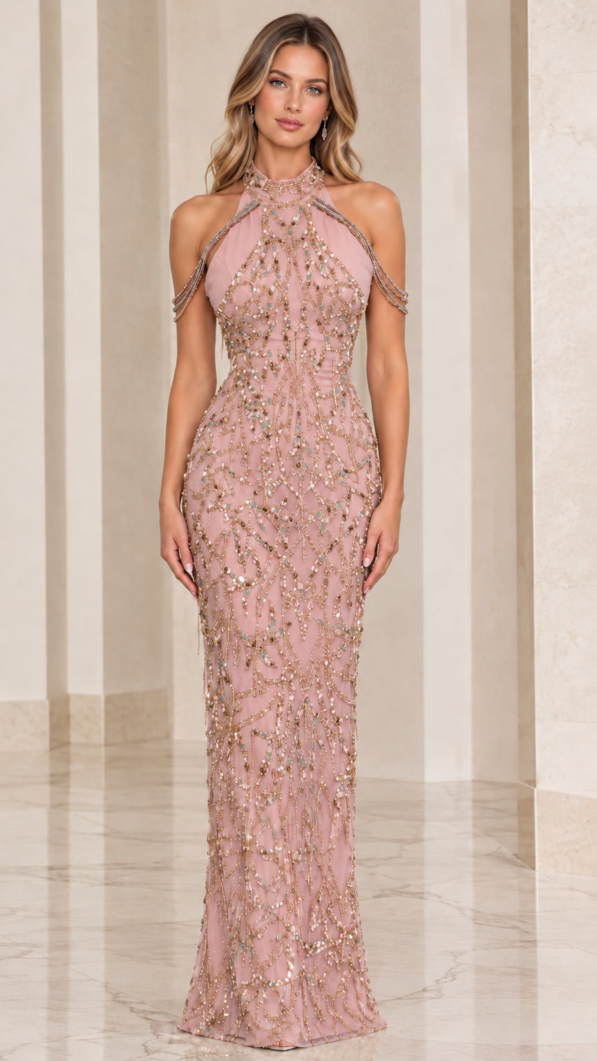 Blush Pink beaded halter maxi dress for gala and prom