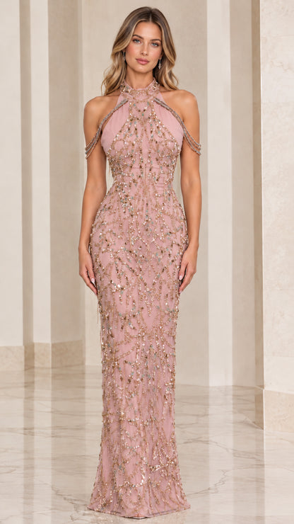 Blush Pink beaded halter maxi dress for gala and prom