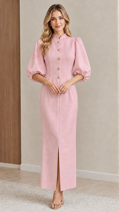 Front view of model wearing the Pink mandarin collar puff sleeve maxi dress