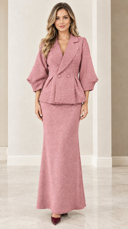 Dusty rose pink two-piece peplum evening skirt suit