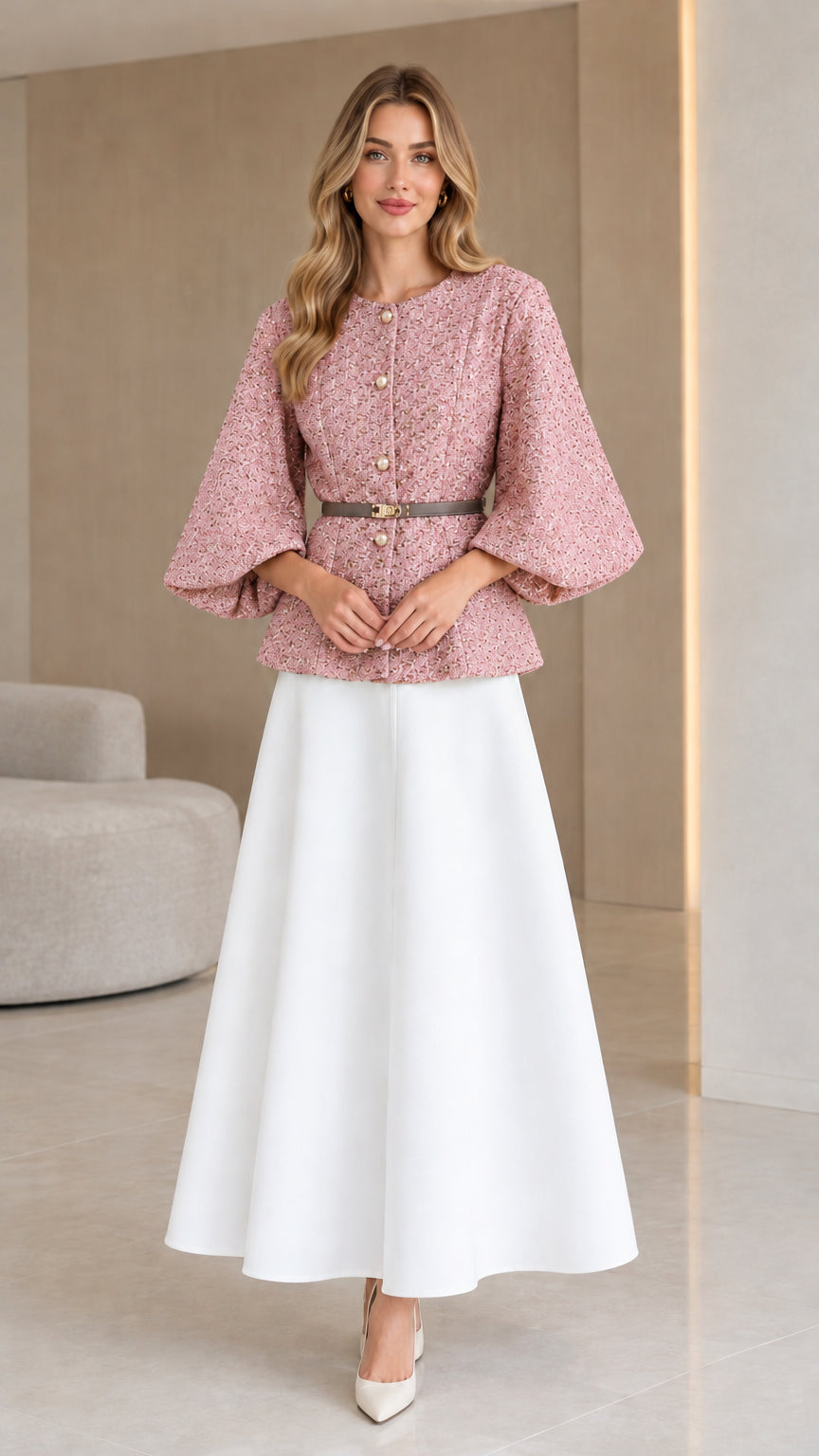 Dusty pink belted tweed jacket with flare sleeves and white skirt
