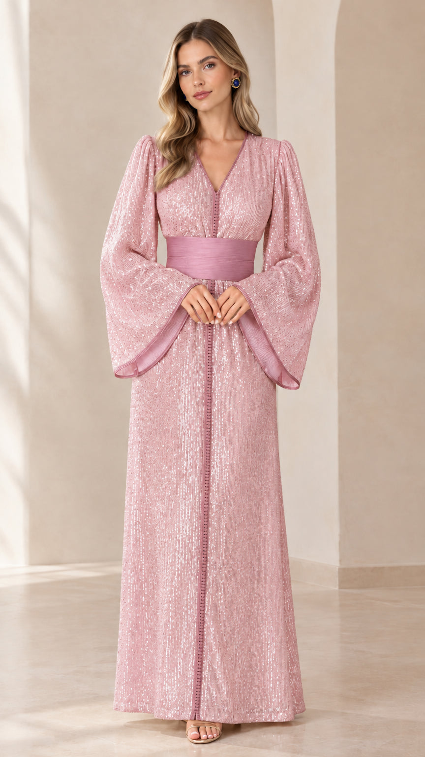 Blush pink sequin kaftan maxi dress with defined waist and bell sleeves