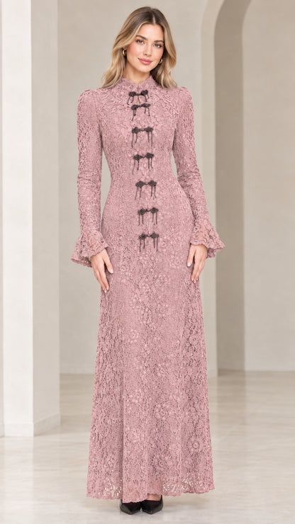Front view of model wearing dusty rose long sleeve lace maxi dress