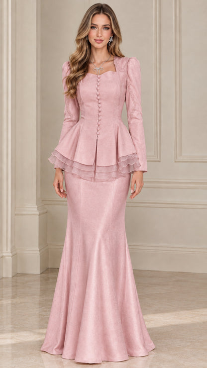 Blush pink long sleeve formal peplum jacket and maxi skirt two-piece gown set