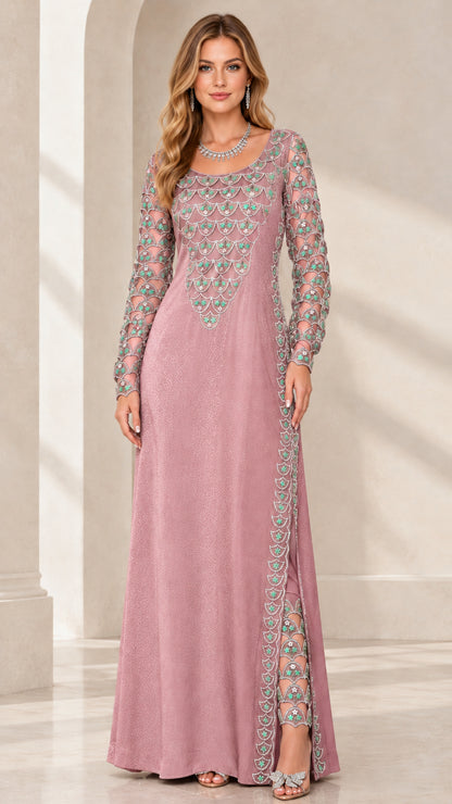 Front view of woman wearing dusty rose sequin embellished long sleeve evening gown