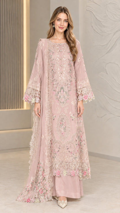 Dusty Pink embroidered 3-piece longline tunic suit set with matching scarf
