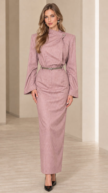Front view of model wearing dusty rose pinstripe belted maxi column dress