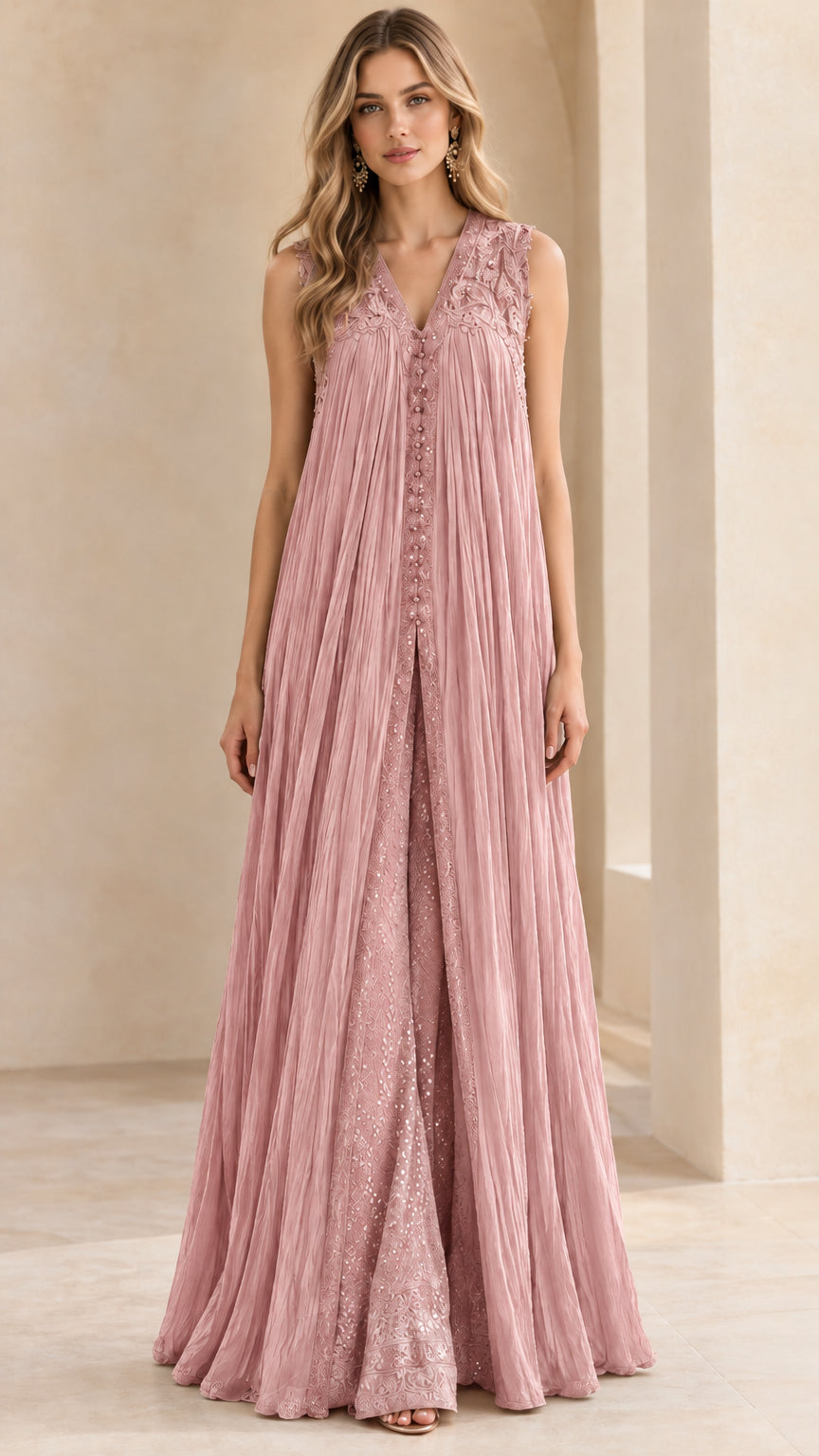 Full length dusty pink embroidered pleated tunic and wide-leg trousers set