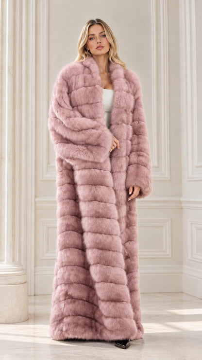 Full-length dusty pink tiered faux fur longline overcoat