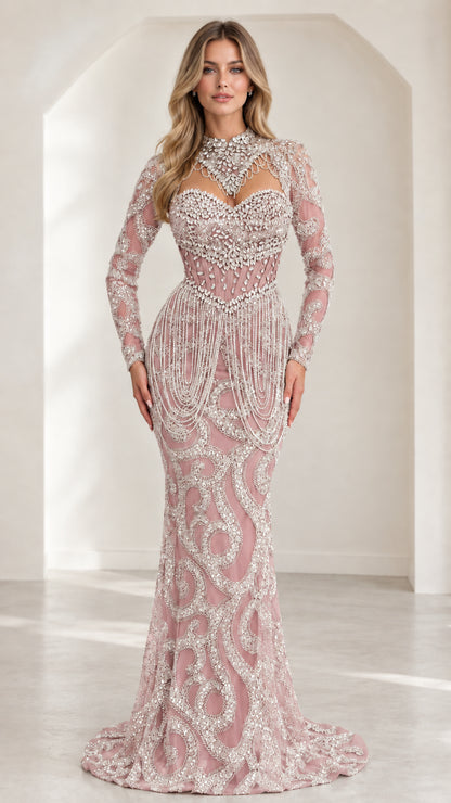 Front view of model wearing Blush Pink crystal beaded illusion neckline formal gown
