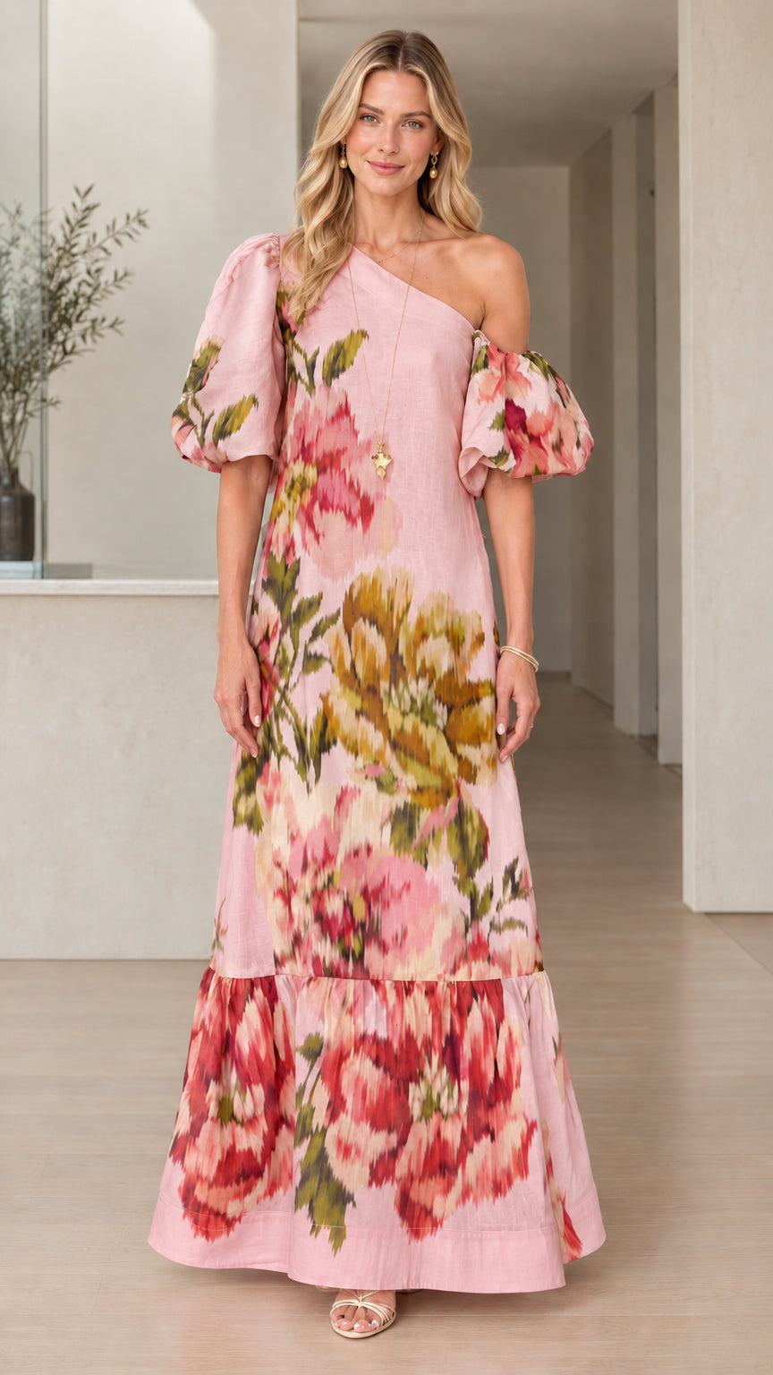 Model wearing Pink Floral One-Shoulder Puff Sleeve Maxi Dress