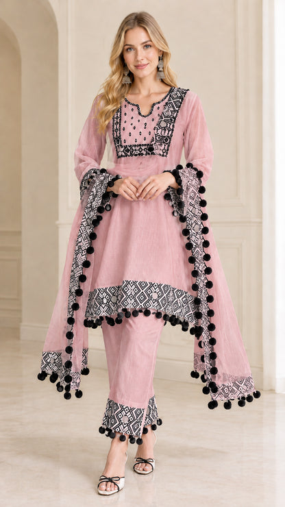 Women's blush pink 3-piece tunic pants set with matching scarf and tassel hem