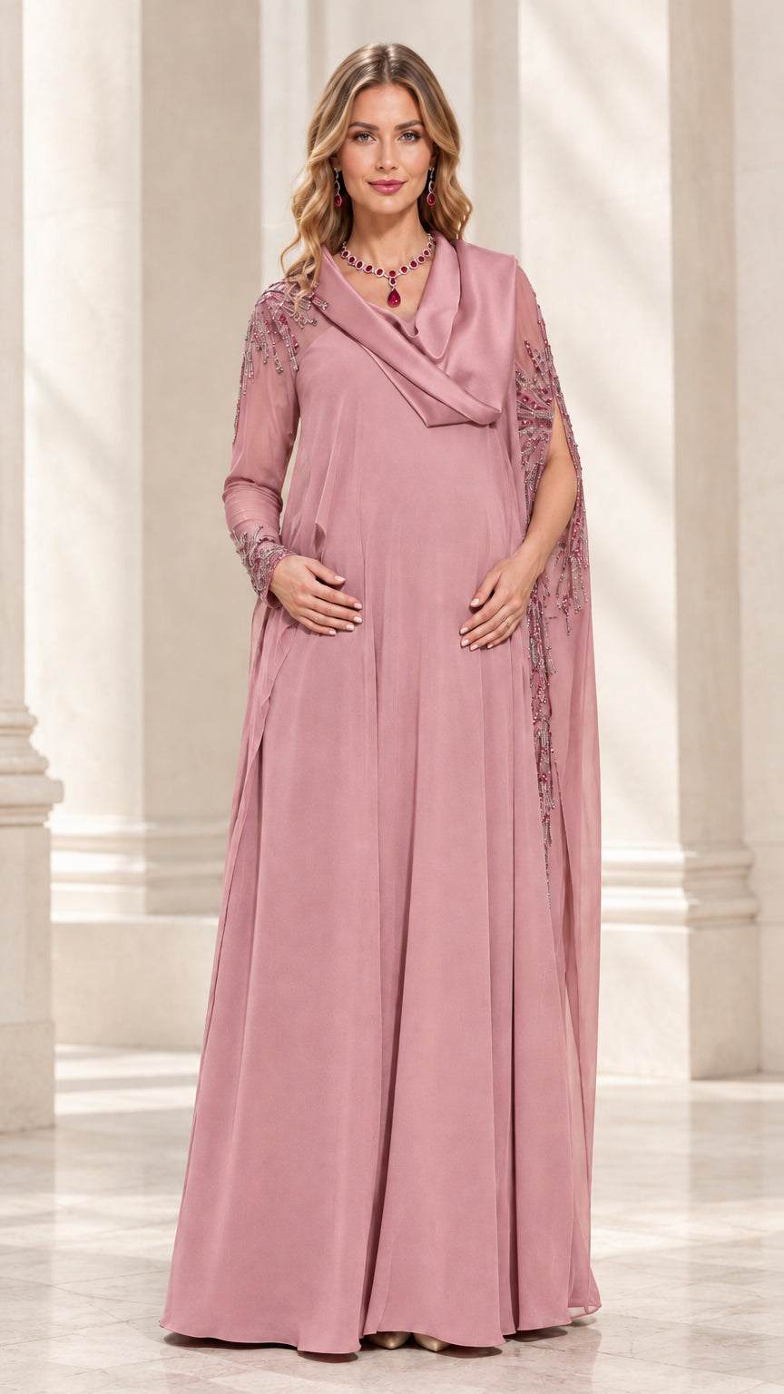 Dusty Pink cowl neck beaded cape sleeve evening gown front view