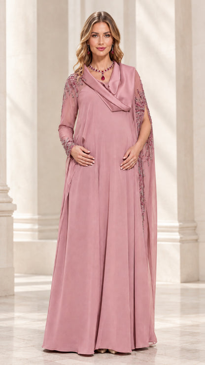 Dusty Pink cowl neck beaded cape sleeve evening gown front view