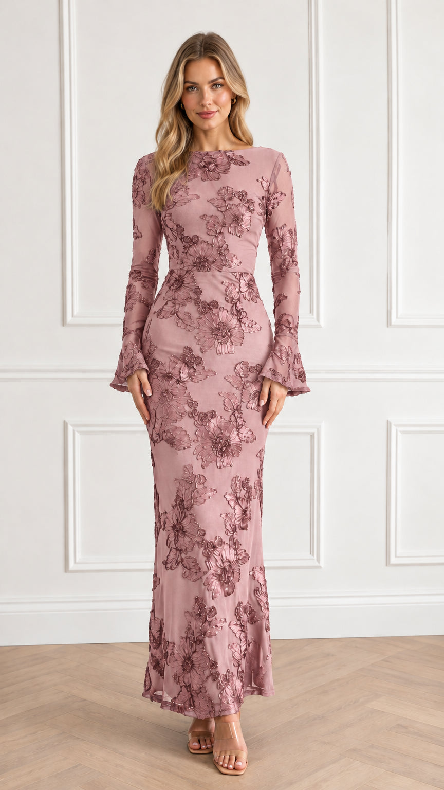Dusty rose floral embroidered floor length dress front view