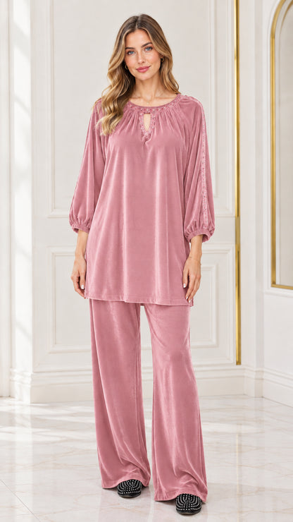 Front view of woman wearing Dusty Rose velvet 2-piece set