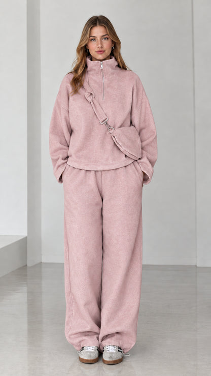 Dusty Pink cozy fleece half-zip top and wide-leg sweatpants two-piece set
