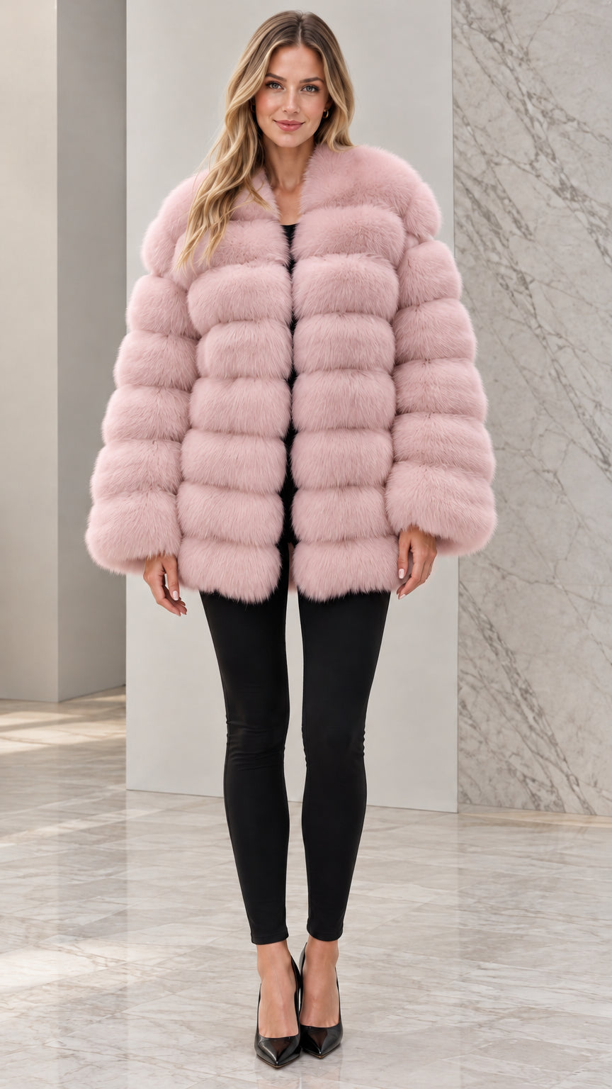 Front view of model wearing dusty pink plush horizontal faux fur coat