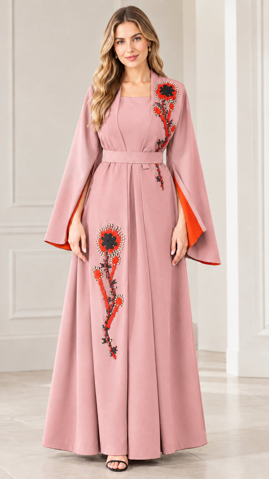 Full-length view of woman wearing Dusty Pink embroidered bell sleeve maxi dress