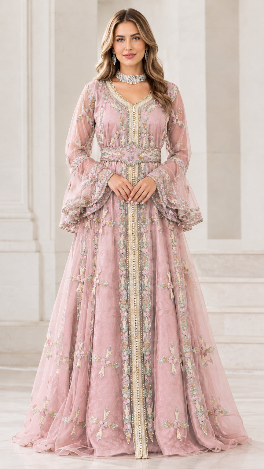 Dusty Pink embroidered Moroccan kaftan formal maxi gown