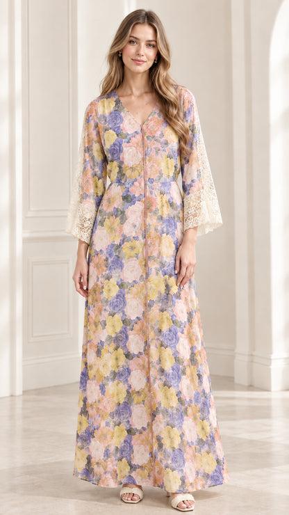 Front full-length view of model wearing Pink Floral maxi dress with lace cuffs