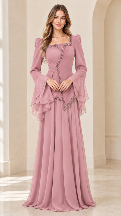 Dusty Rose long sleeve chiffon evening maxi dress with pearl trim