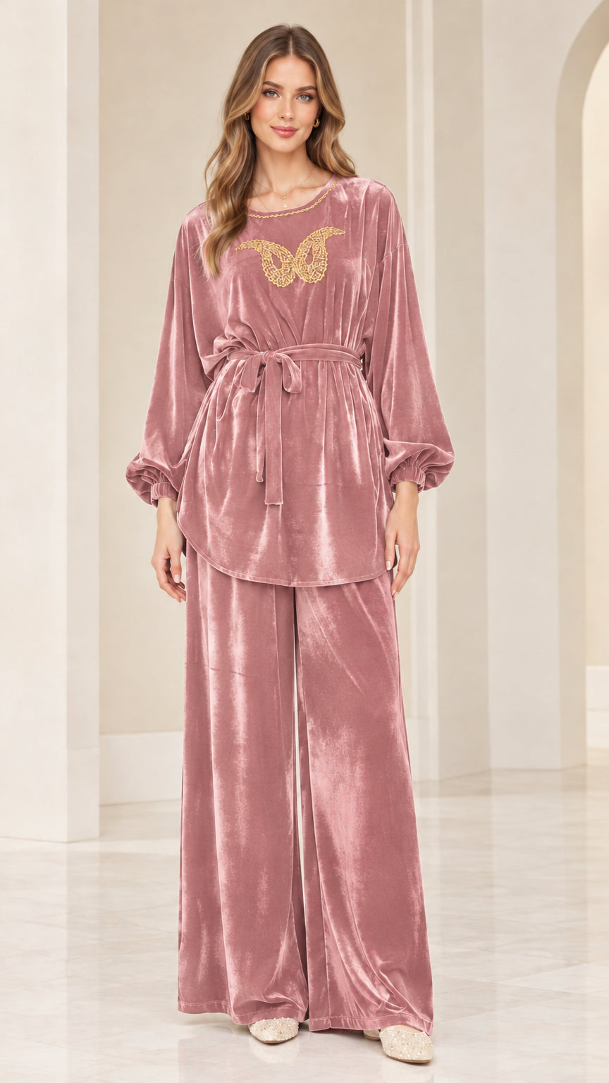 Front view of dusty pink velvet embellished matching two piece pants set