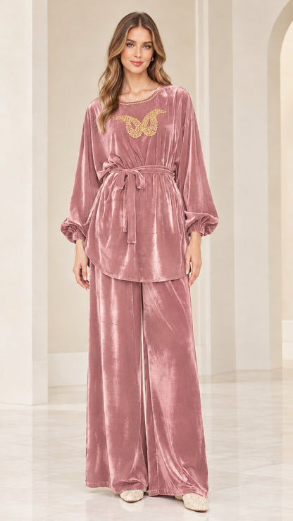 Front view of dusty pink velvet embellished matching two piece pants set
