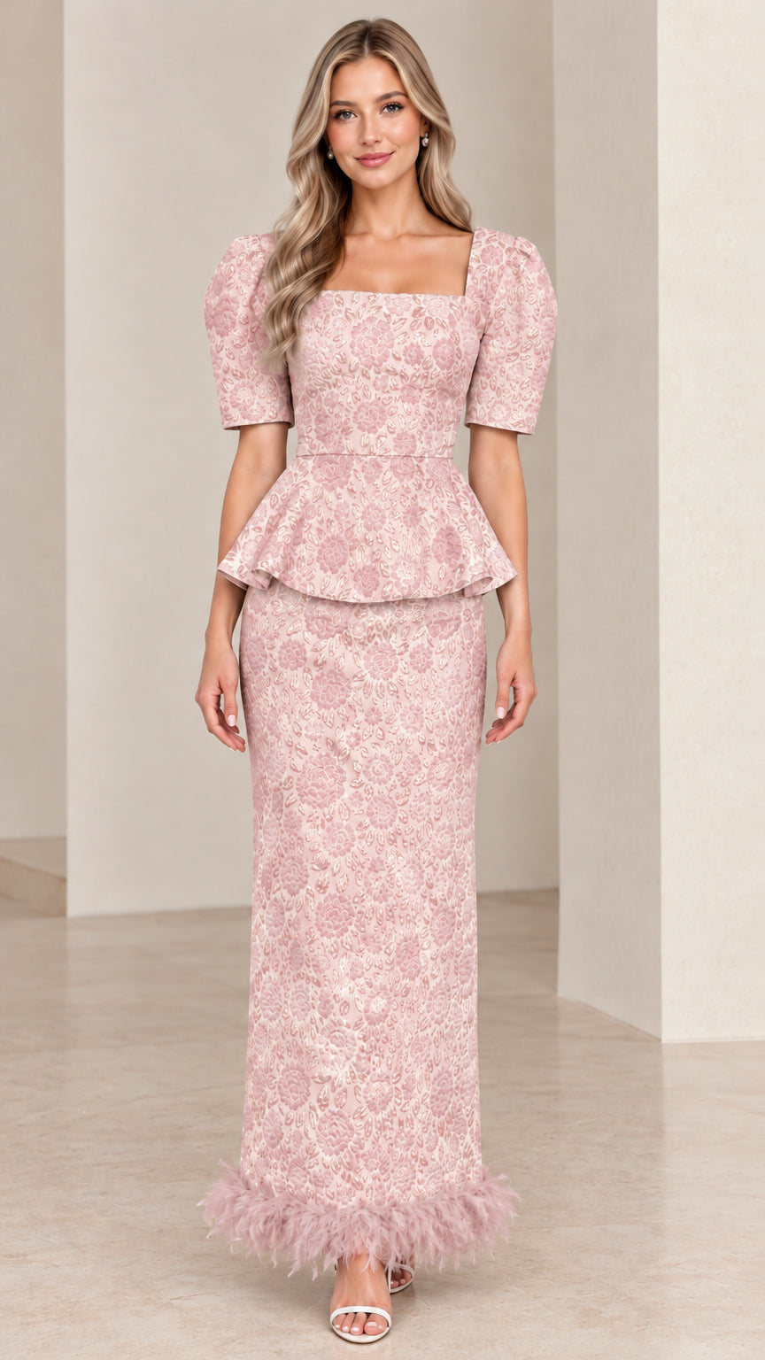 Front view of Dusty Pink floral jacquard puff sleeve peplum maxi dress
