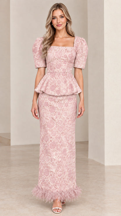 Front view of Dusty Pink floral jacquard puff sleeve peplum maxi dress
