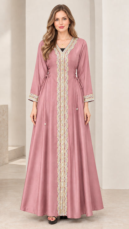 Dusty pink modest kaftan maxi dress with gold embroidered trim