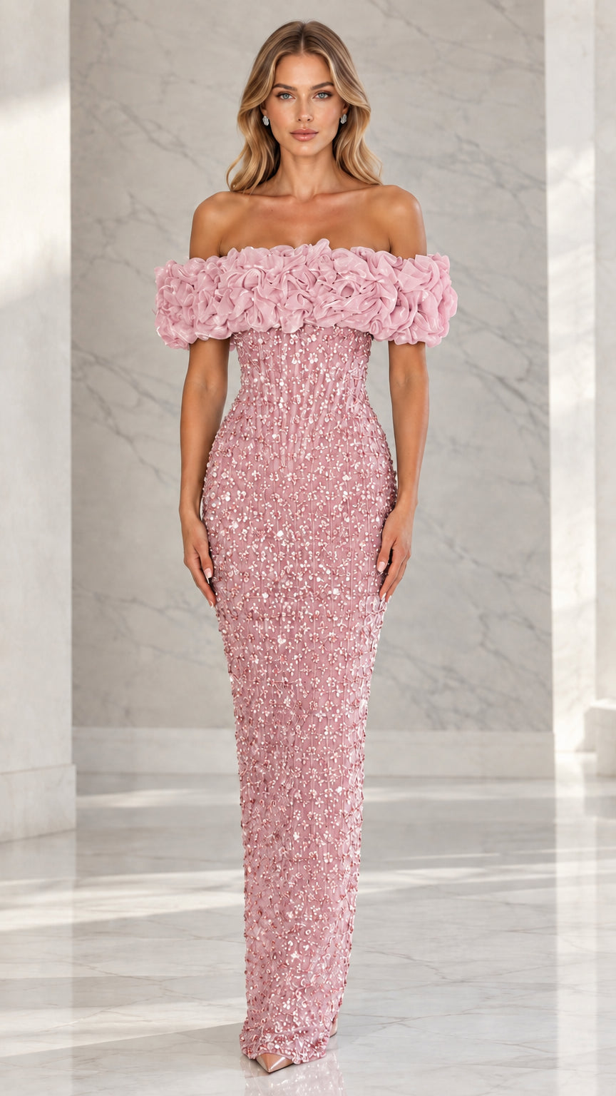 Full front view of blush pink off-the-shoulder embellished column evening gown