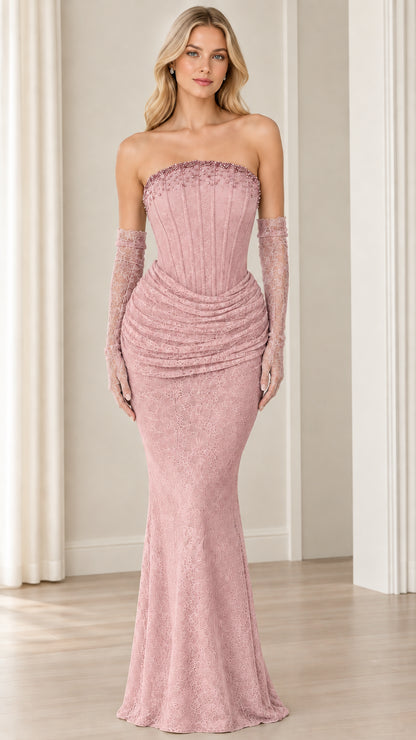 Dusty pink strapless beaded corset lace mermaid evening gown with gloves