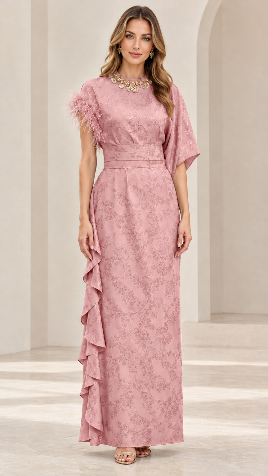 Model wearing blush pink embellished feather trim jacquard evening dress