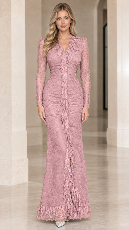 Front full-length view of Dusty Pink lace long sleeve formal gown