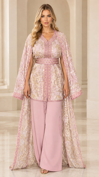Full-length front view of model wearing Dusty Pink jacquard cape and pant set