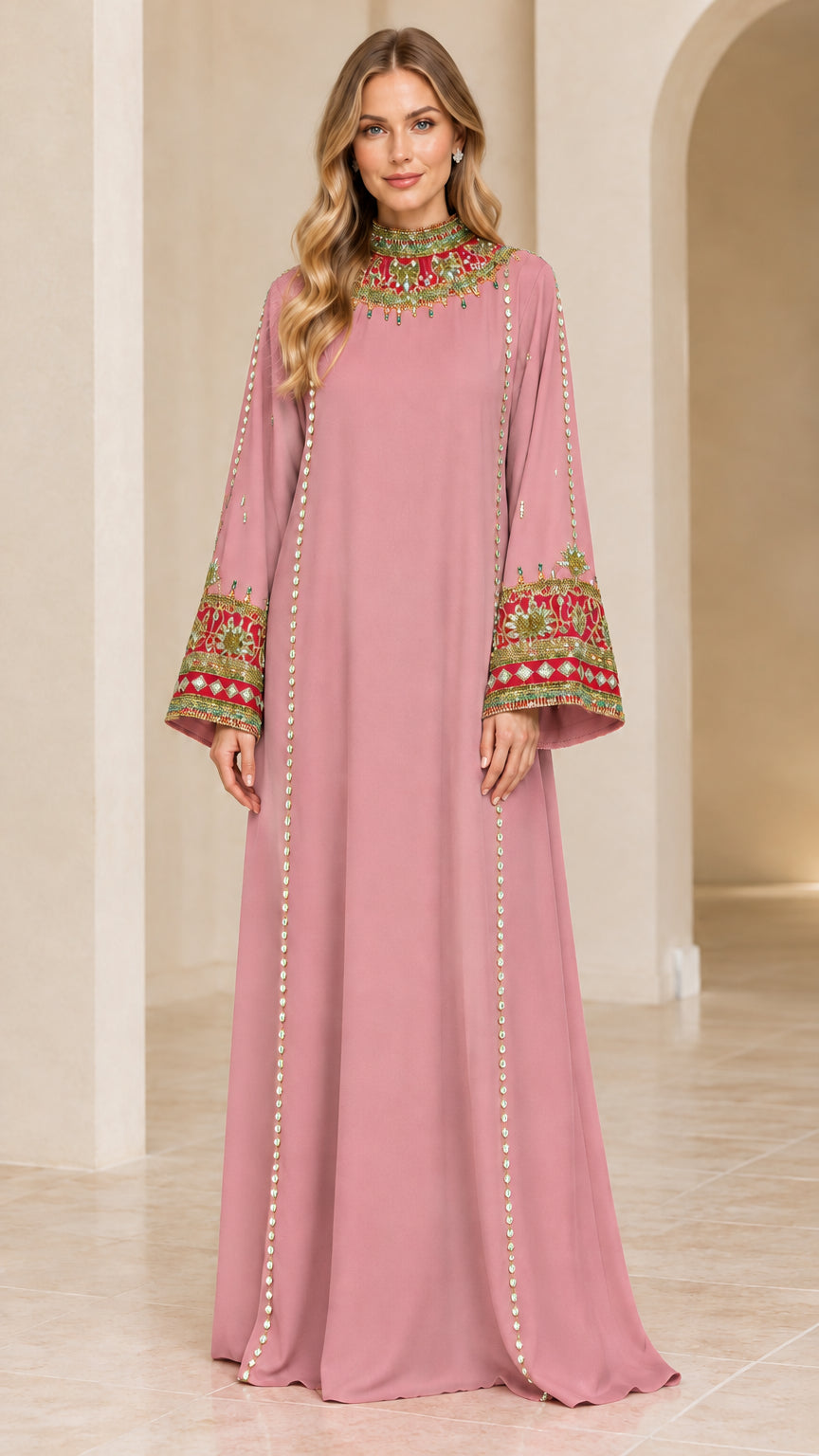 Model wearing Dusty Pink modest embroidered maxi dress with flared sleeves