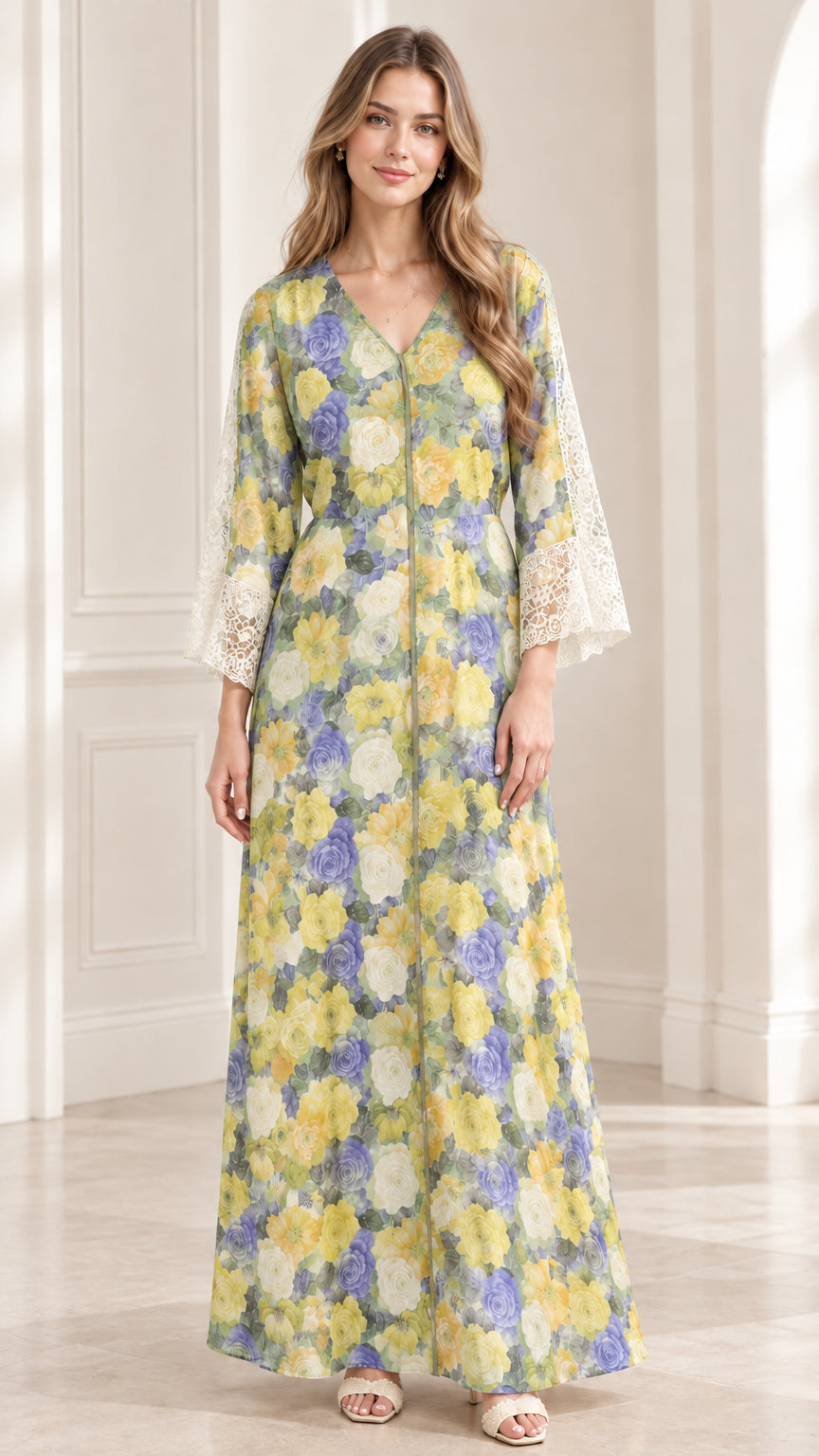 Front full-length view of model wearing Sage Green Floral maxi dress