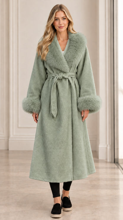 Front view of women's sage green belted long wrap coat with matching faux fur collar