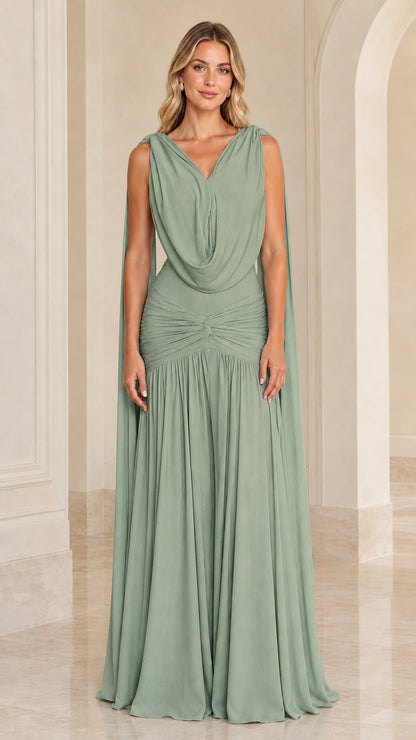Sage green draped cape evening gown with ruched waistline