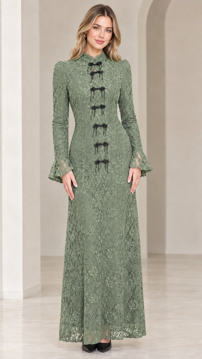 Front view of model wearing sage green mandarin collar lace maxi dress