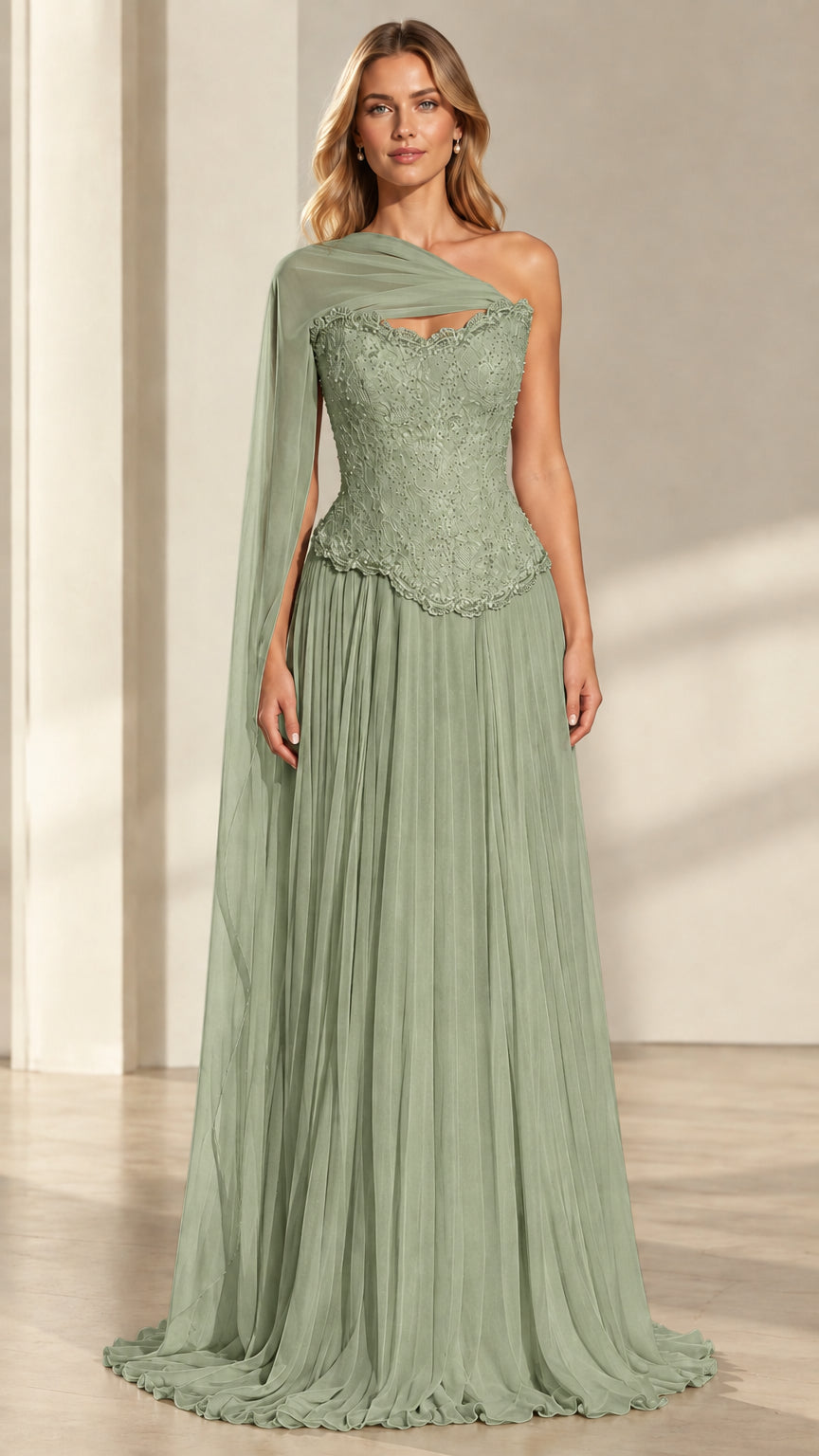Sage green one-shoulder cape beaded lace evening gown