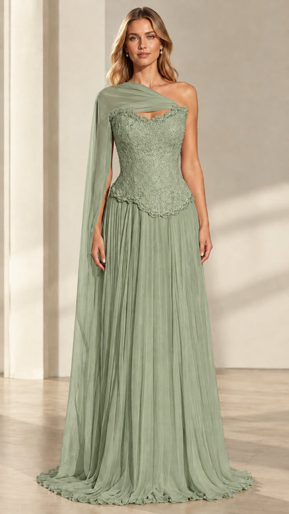 Sage green one-shoulder cape beaded lace evening gown