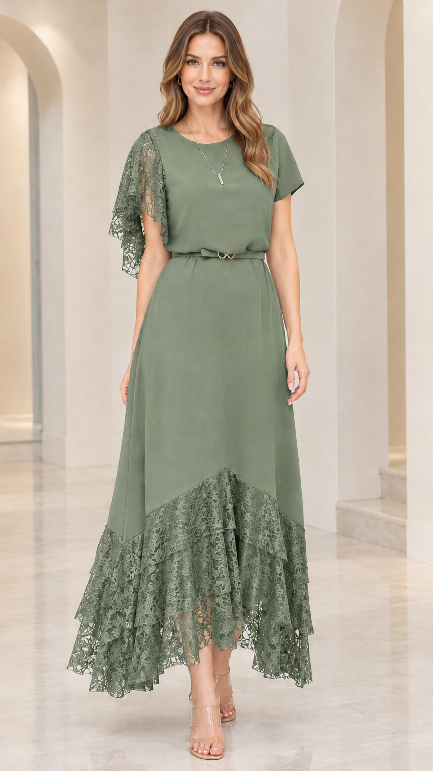 Sage green lace patchwork belted maxi dress full length front view