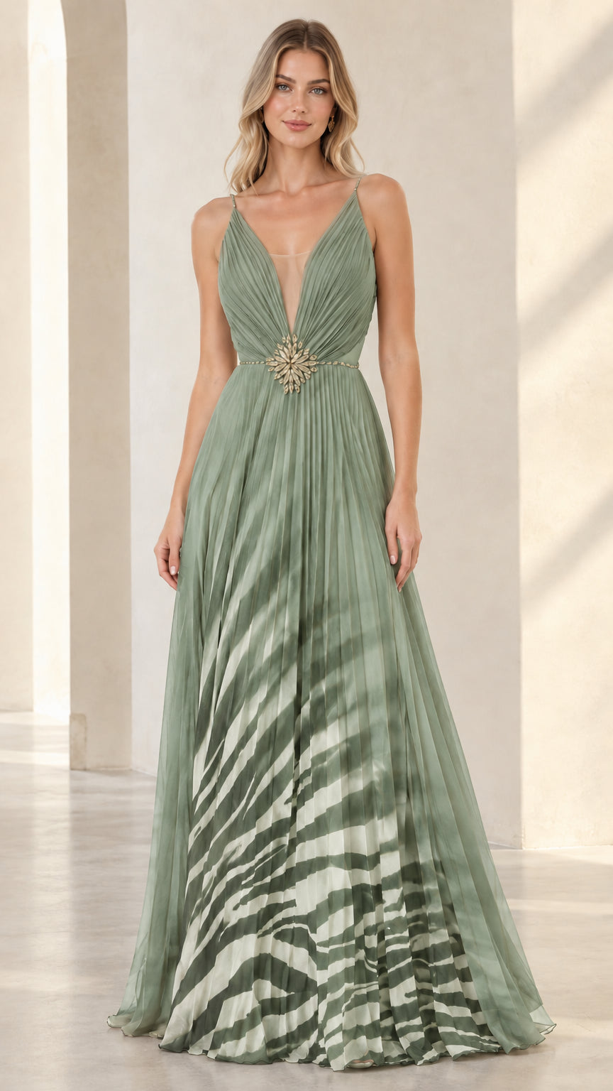 Sage green pleated V-neck evening gown with ombre pattern